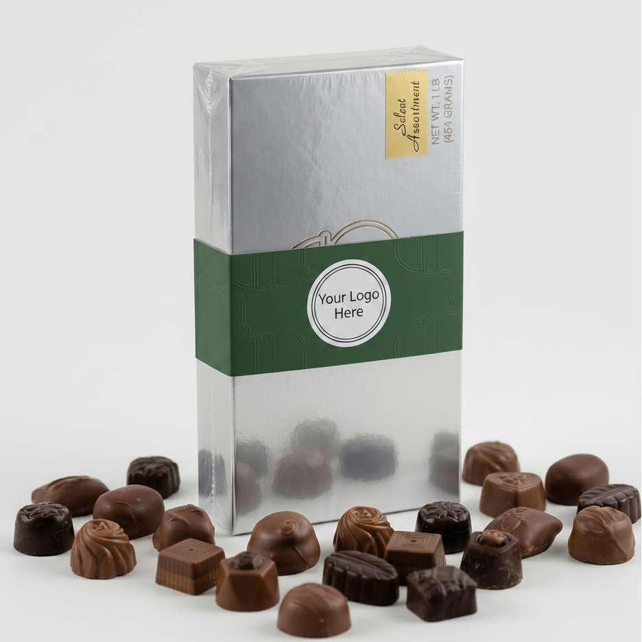 Box of chocolates with a visible brand logo on a white background